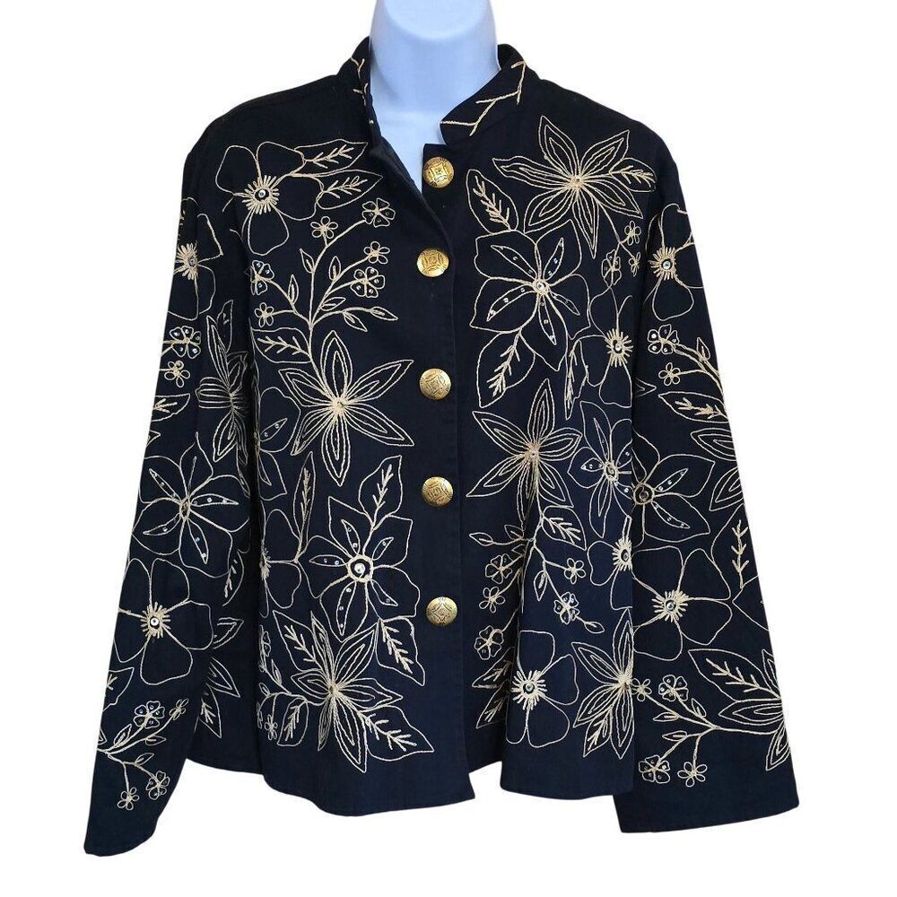Vintage Floral Embroidered Jacket Large Navy Gold Button-Up academia old money